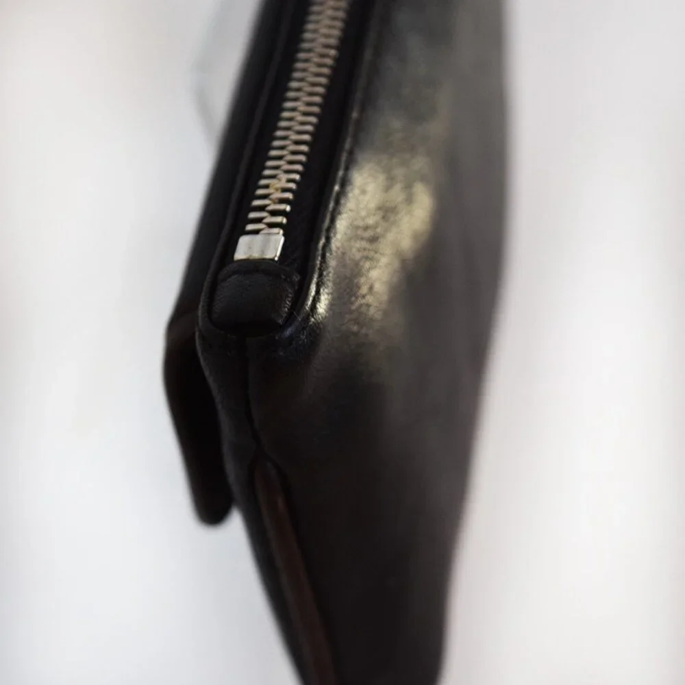 Coach Black Leather Wristlet With Brown Trim